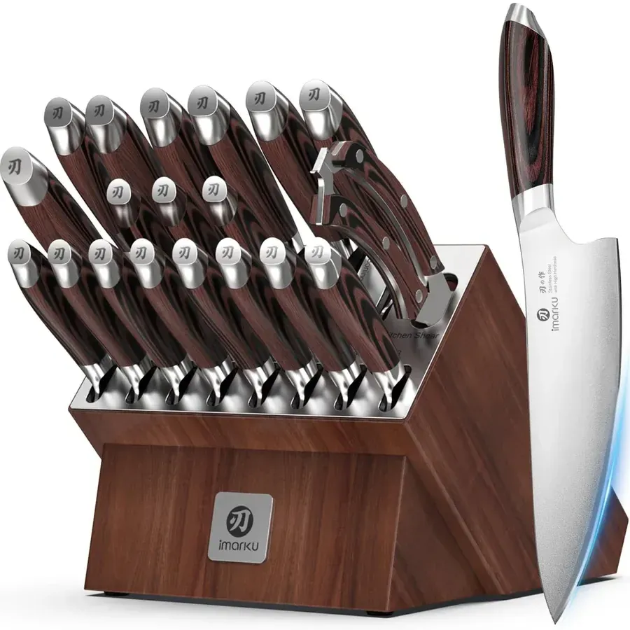 Imarku 20-piece Japanese kitchen knife set in a wooden storage block