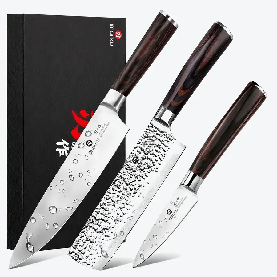 Imarku 3-piece chef knife set with chef knife, santoku and paring knife in a gift box