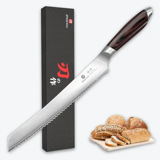 Imarku 10-inch serrated bread knife with dark wood handle