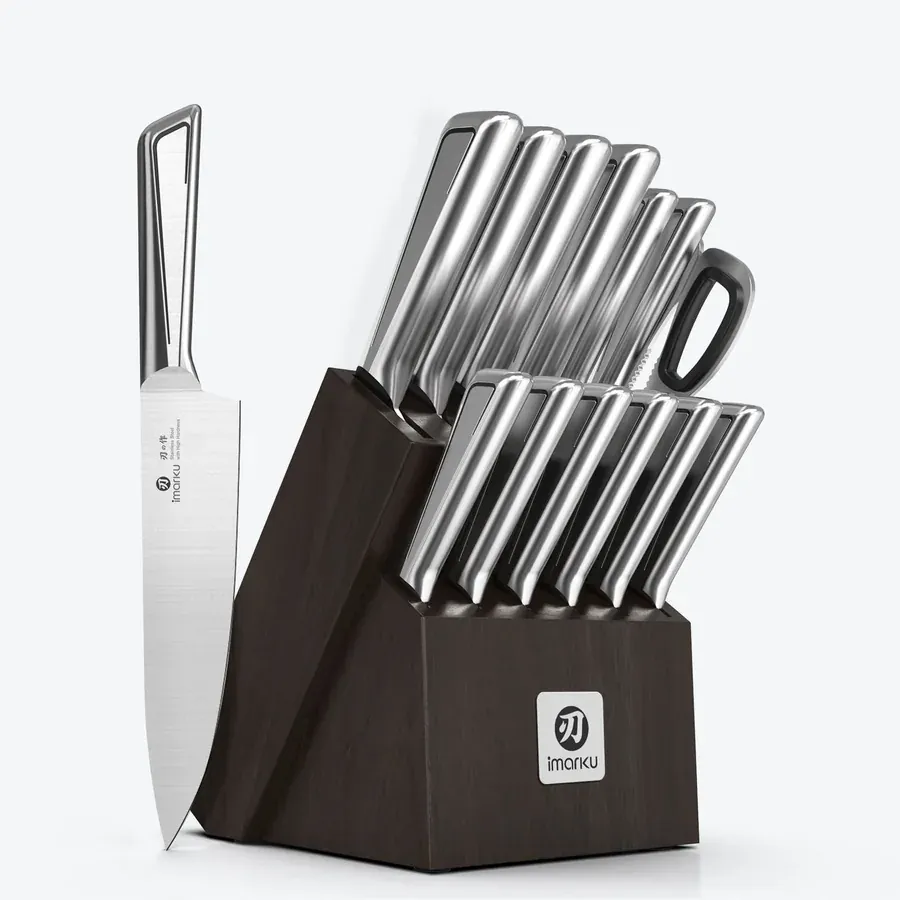Imarku forged 14-piece stainless steel knife set with black block