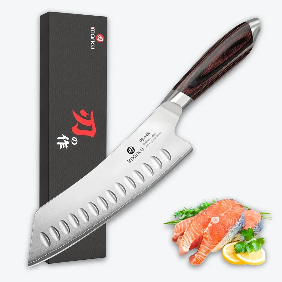 Imarku 7-inch santoku knife with hollow edge and pakkawood handle
